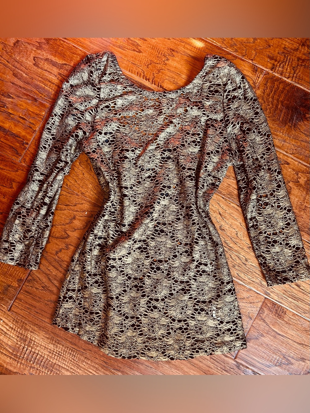 bebe Gold Metallic Lace Long Sleeve Top